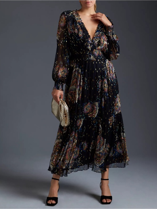 Anthropologie Dresses & Skirts - Anthropologie Women’s Smocked V-Neck Metallic Abstract Ruffle Blue Maxi Dress XL
